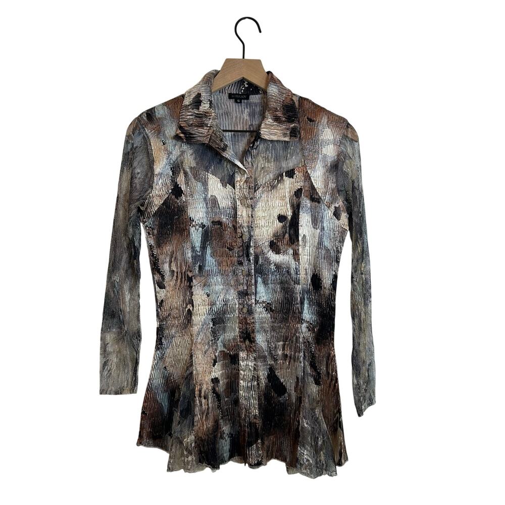 Komarov Button Down Top Sz S Crinkle Abstract Print Artsy Lagenlook Textured